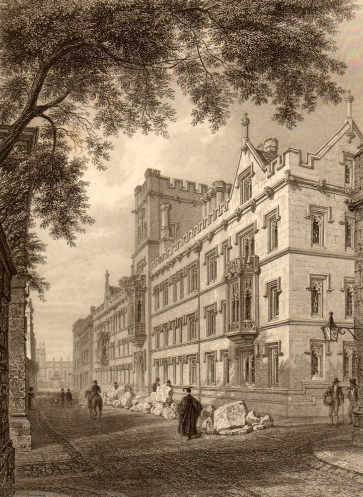 Front of Exeter College, Oxford, by John Le Keux 1837 old antique print